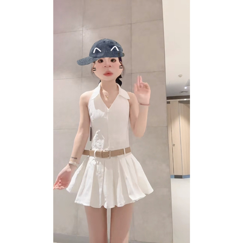 温柔风v领挂脖露背连衣裙女夏季收腰显瘦翻领百褶a字短裙|undefined