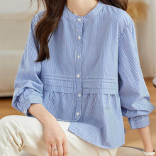 2025新款圆领条纹长袖女士衬衫纯棉舒适透气百搭经典款休闲衬衣女