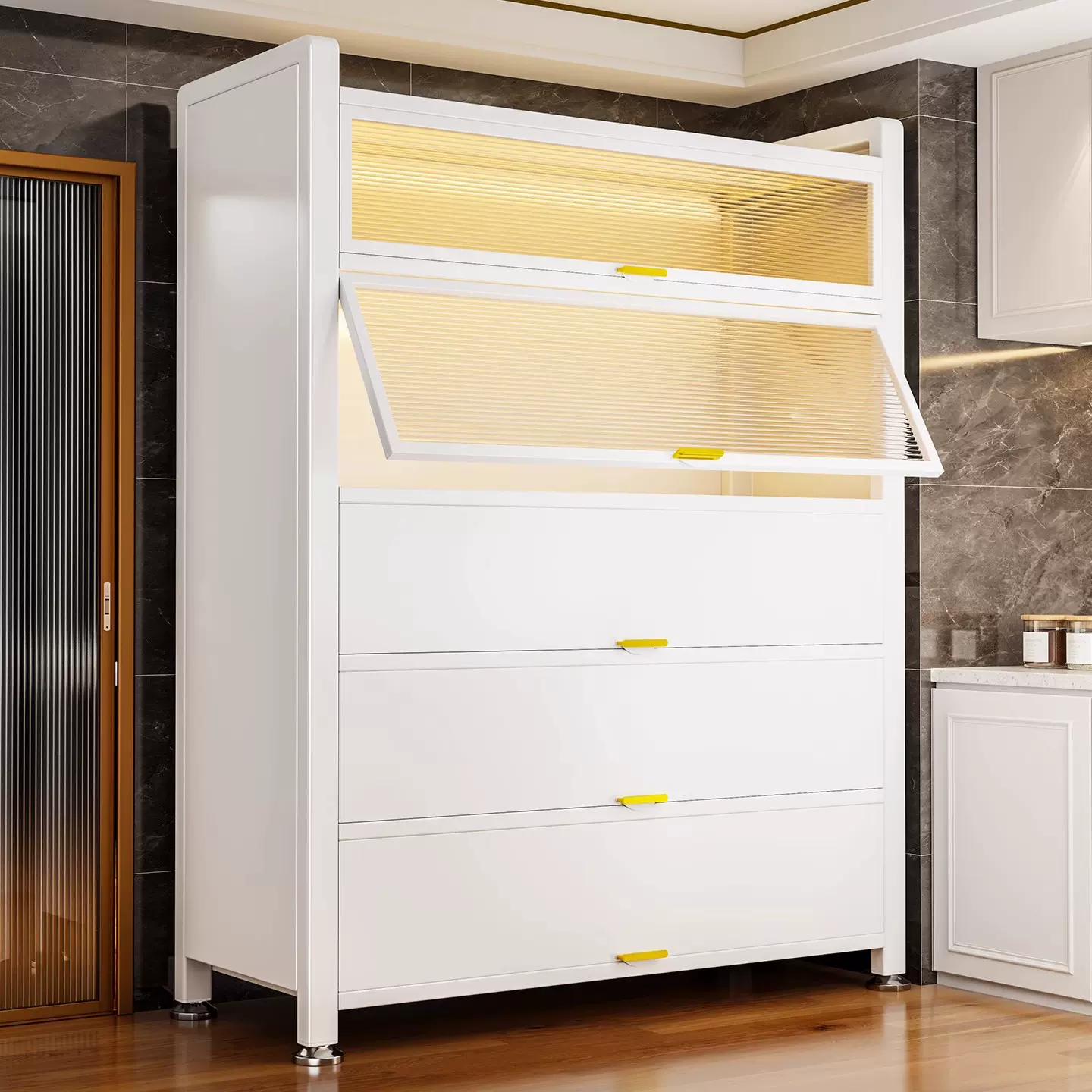 厨房收纳柜餐边柜橱柜储物柜落地多层微波炉家用带门多功能置物架