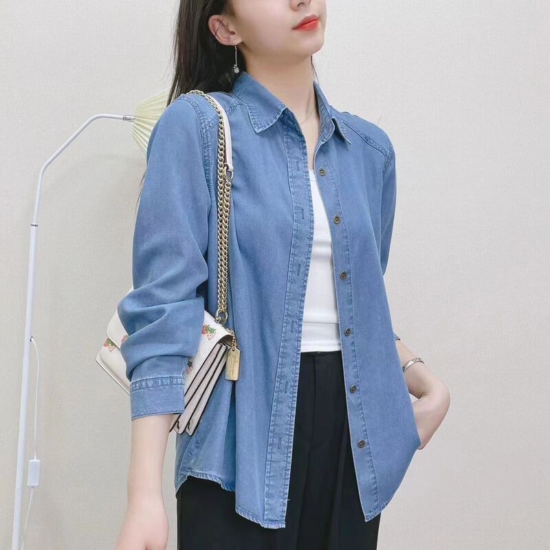 Women's High-End Denim Shirt, Tencel, Light and Soft, New Summer Style, Large Size, Loose Fit, Washed, Elegant, Long-Sleeved Women's High-End Denim Shirt, Tencel, Light and Soft, New Summer Style, Large Size, Loose Fit, Washed, Elegant, Long-Sleeved