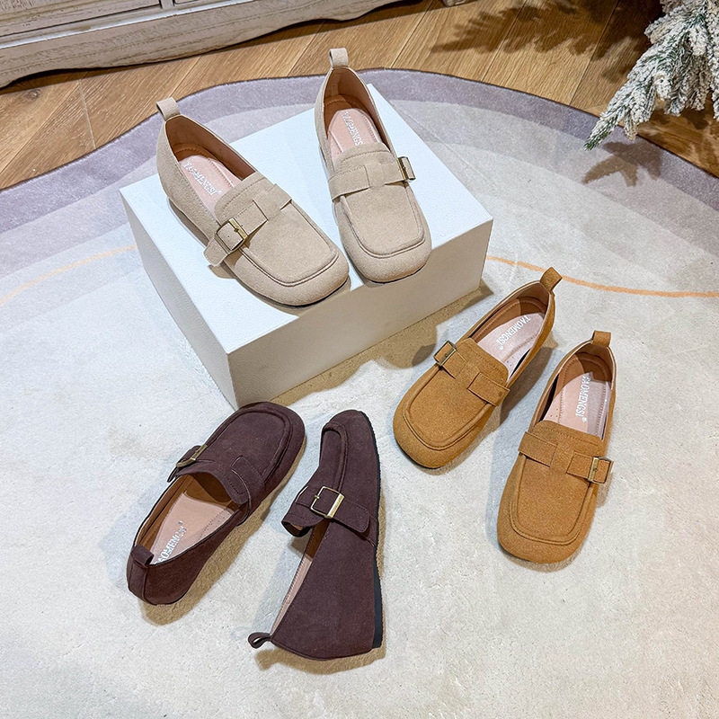 Giày lười nữ da lộn mũi tròn tăng chiều cao 5 cm phong cách Hàn Quốc — Khaki (toàn dải), Màu mơ (toàn dải), nâu sẫm