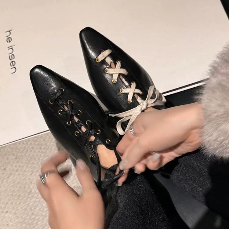 Leather retro footwear heels, belt, low shoes, cowhide