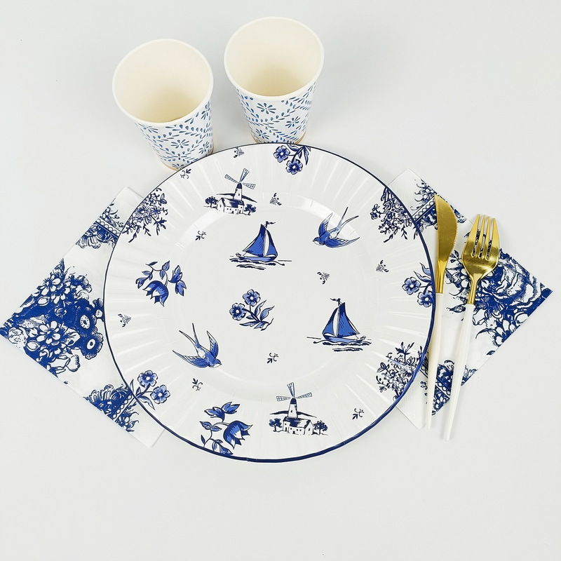 in stock Chinese Style Blue and White Porcelain Paper Tray Disposable Paper Plate Paper Dish Vintage Party Wedding Lace Dish