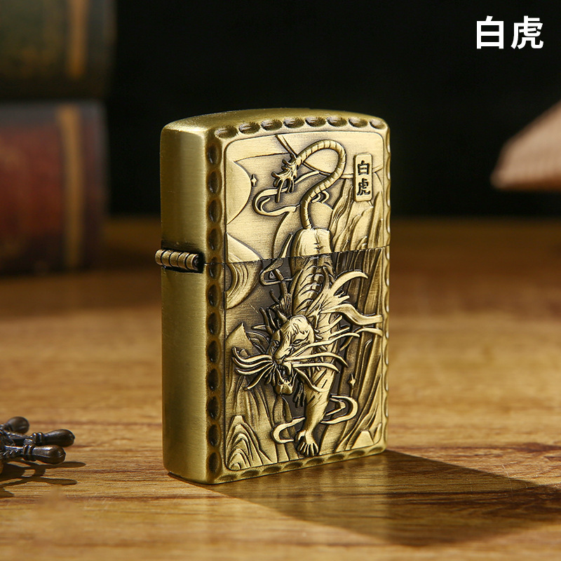 レトロ灯油金属ライター創意レリーフ四大神獣青龍白虎朱雀玄武無油|undefined