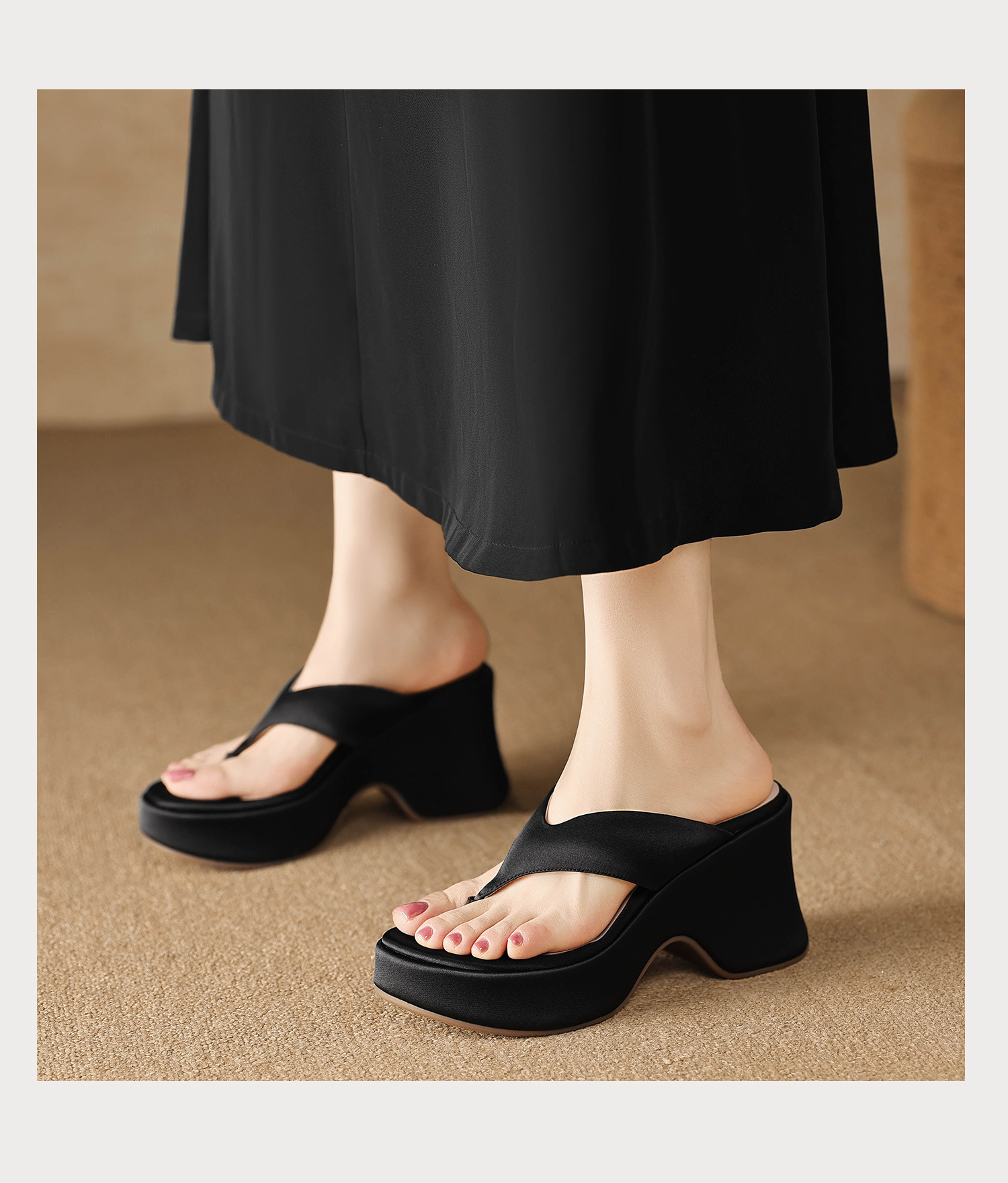 Dép sandal nữ xỏ ngón đế bệt, quai lụa mềm, đế tăng chiều cao nhẹ — màu đen, màu tím, màu mơ chi tiết 16