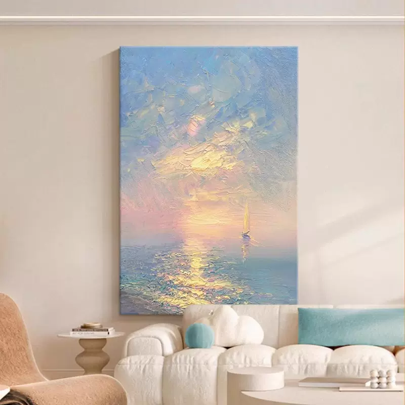 奶油风客厅装饰画海边风景肌理感壁画现代简约沙发背景墙落地挂画