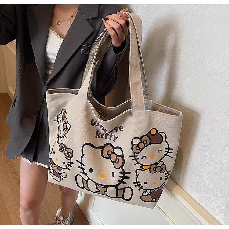 Cartoon canvas single-shoulder bag, women's large-capacity commuter tote bag, Spring/Summer 2025, cute cat tote bag, cross-border undefined