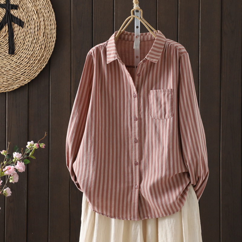 Double-Layer Cotton Gauze Pure Cotton Striped Shirt for Women, Long-Sleeved, 2026 New Autumn Style, Loose Casual Top That Covers the Body