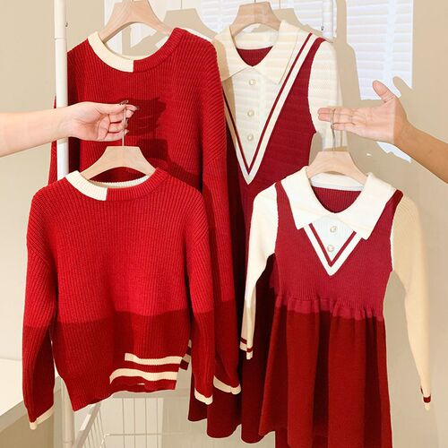  New Autumn/Winter Parent-Child Outfit Mother and Daughter Mother and Son Children's Dress Boy's Round Neck Knitted Sweater