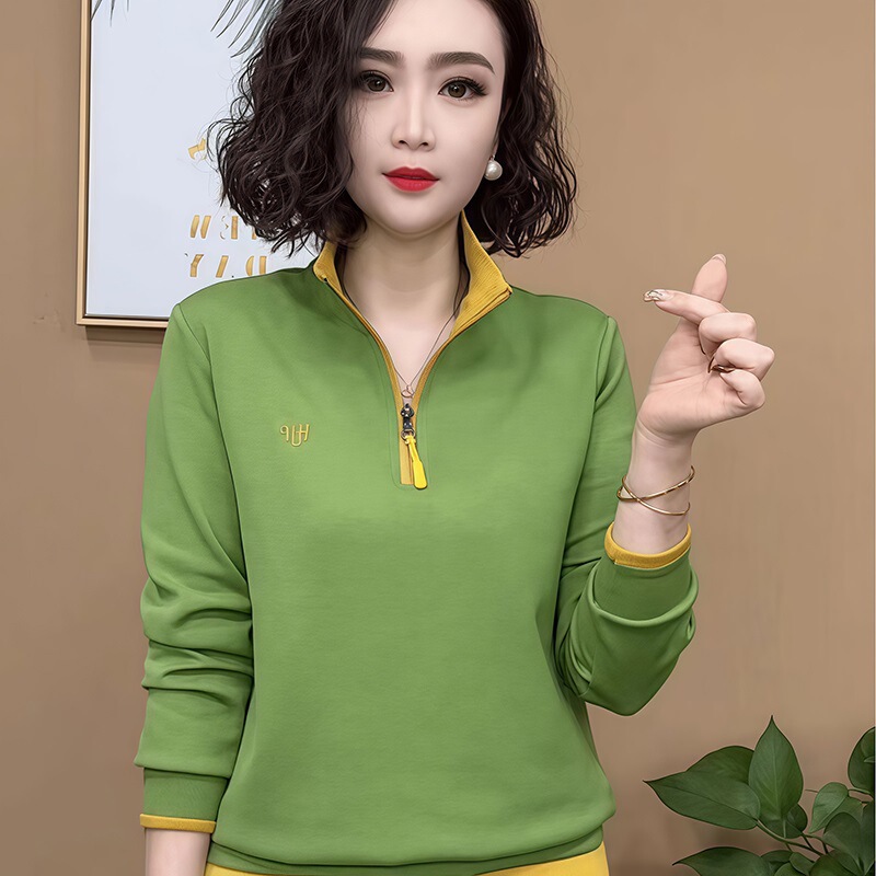 280g German Velvet Fashionable Stand-Up Collar Casual Half-Zip Sweatshirt Women's Age-Reducing Pure Color Embroidered Top Bottoming Shirt