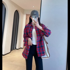 高颜值多巴胺复古红蓝格纹显瘦翻领单排多扣长袖衬衫外套女2025秋
