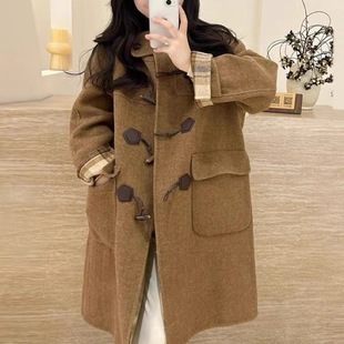 Zhao Lusi with Bear Plaid Retro Small Double-sided Wool Coat Duffle Button Autumn and Winter New Coat for Women