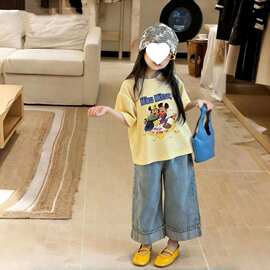 女童套装2026新款夏季中小儿童洋气棉卡通短袖牛仔裤舒适两件套