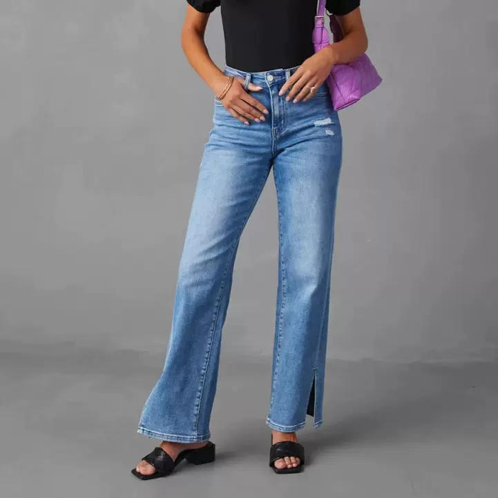 亚马逊开叉牛仔裤女 2025新款弹力水洗阔腿裤 气质通勤高腰牛仔裤