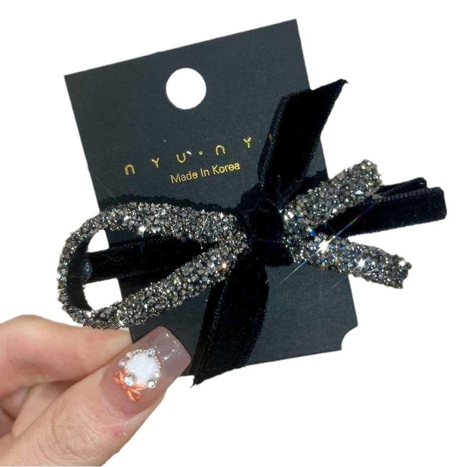 Black bow clip elegant broken hairpin bangs side clip simple ins