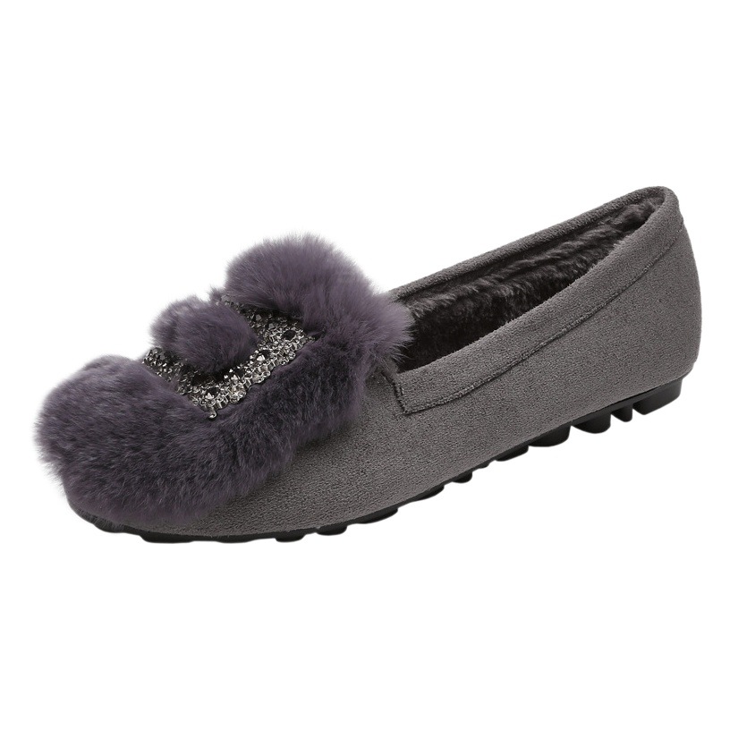 Zapatos de felpa para mujer 2023 Otoño e Invierno Nuevo estilo coreano versátil zapatos de piel de conejo real forrados de lana TOS zapatos acolchados de algodón social para mujer bombas