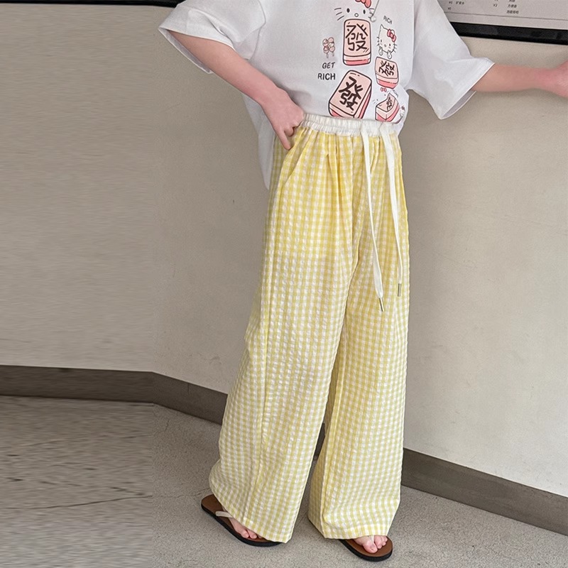 Girls' plaid pants, summer 2026 new style, Korean style casual straight leg pants, fashionable thin wide-leg pants for older girls.
