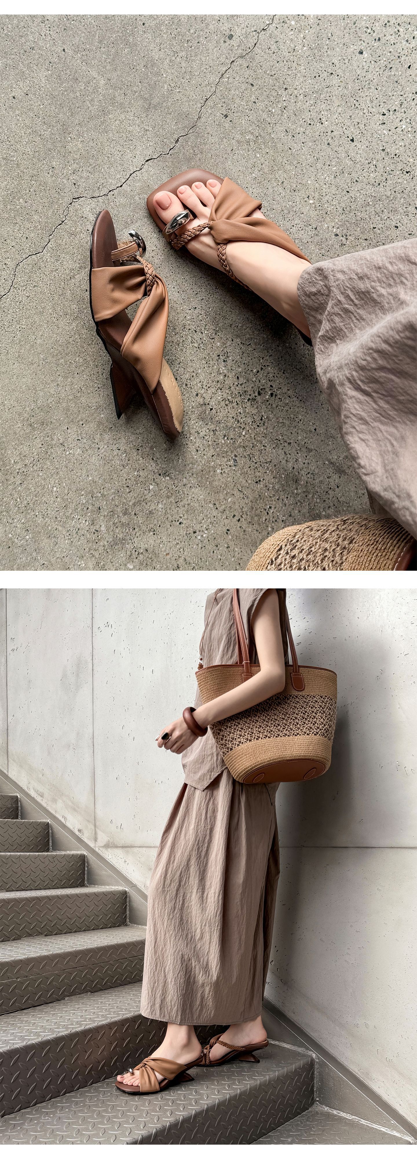 Dép sandal nữ xỏ ngón đế bệt mũi vuông, quai chữ T da thật đan chéo, phong cách thanh lịch — Chấm bi trắng, màu nâu, màu trắng ngà chi tiết 15