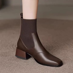 粗跟短靴女2025新款秋冬加绒单靴法式复古方头针织弹力瘦瘦靴