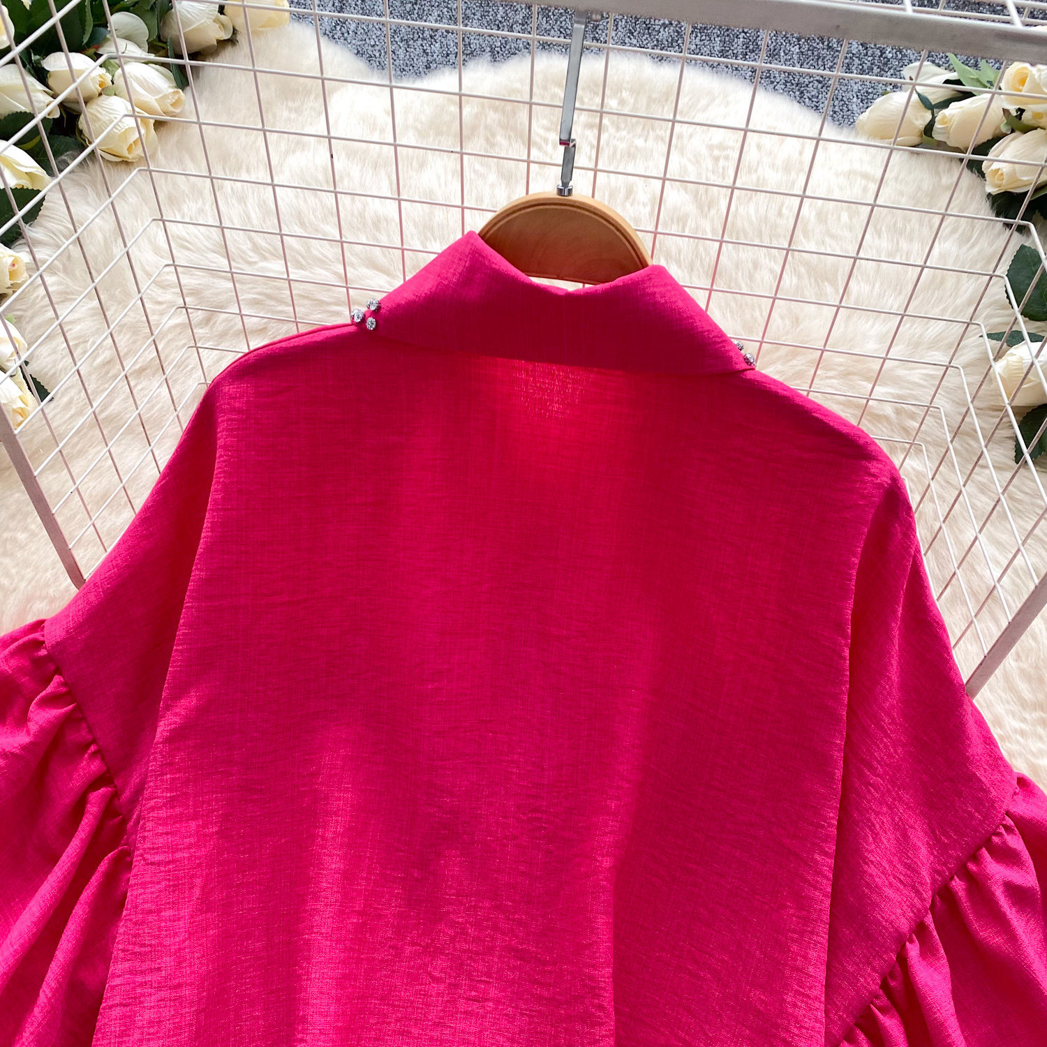Women's French Style Rhinestone Blouse Summer Lantern Sleeve Cardigan Beaded Collar Loose Fit Versatile High End Top Heavy Duty_ecoleips.com