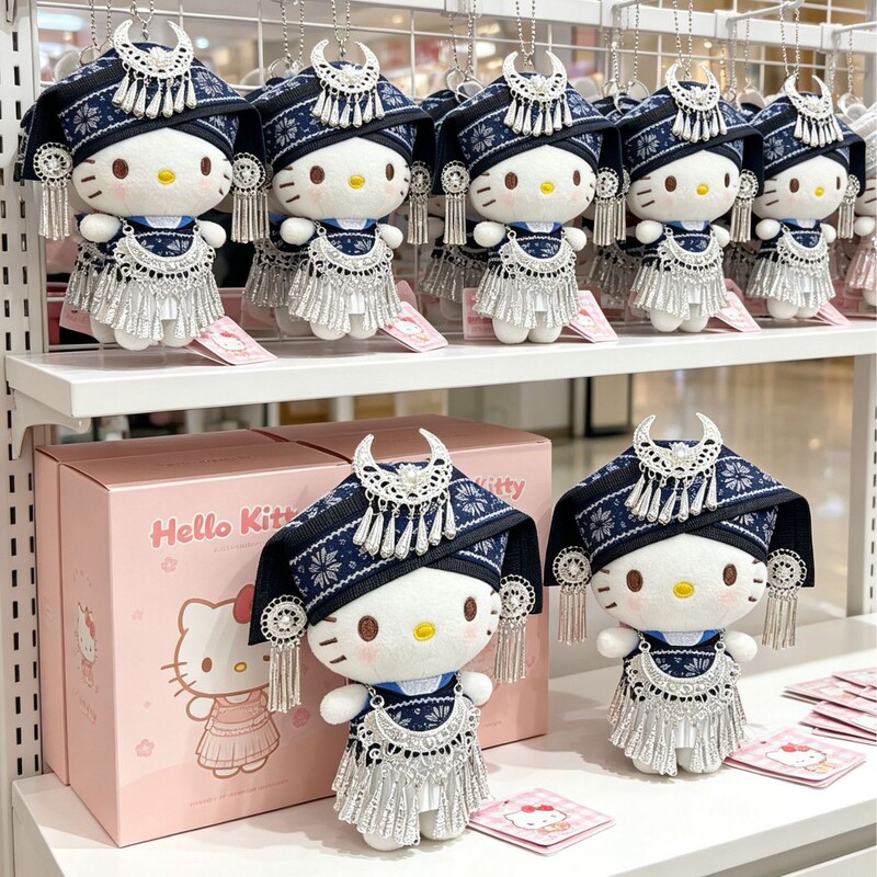 Authentic Miao Ethnic Girl Hello Kitty Bag Pendant, Ethnic Style Silver Jewelry Backpack Charm, Gift for Friends