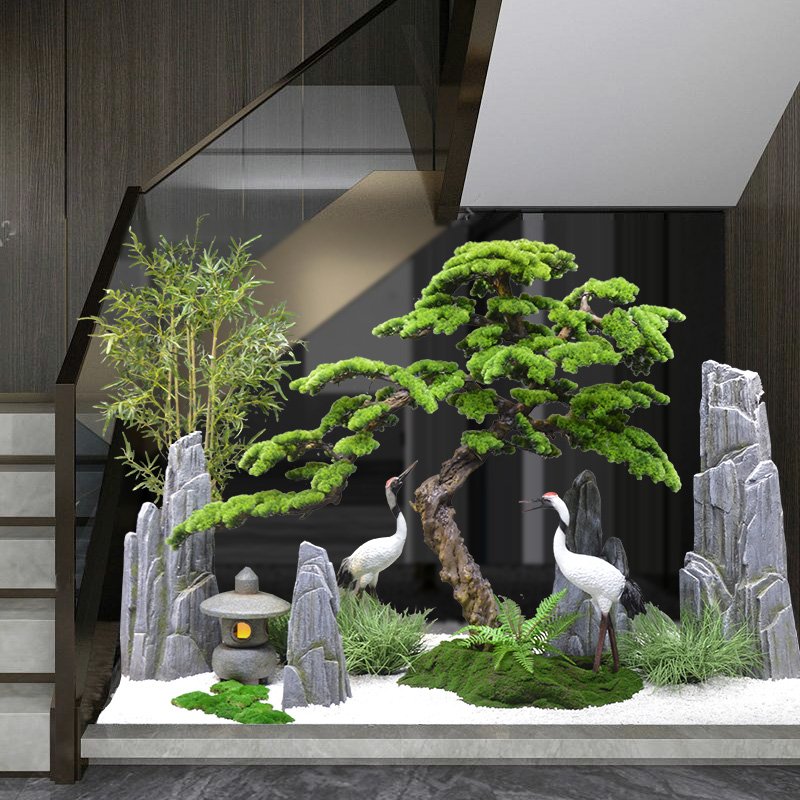 大型仿真迎客松假山假树造景新中式枯山水松树罗汉松植物楼梯景观