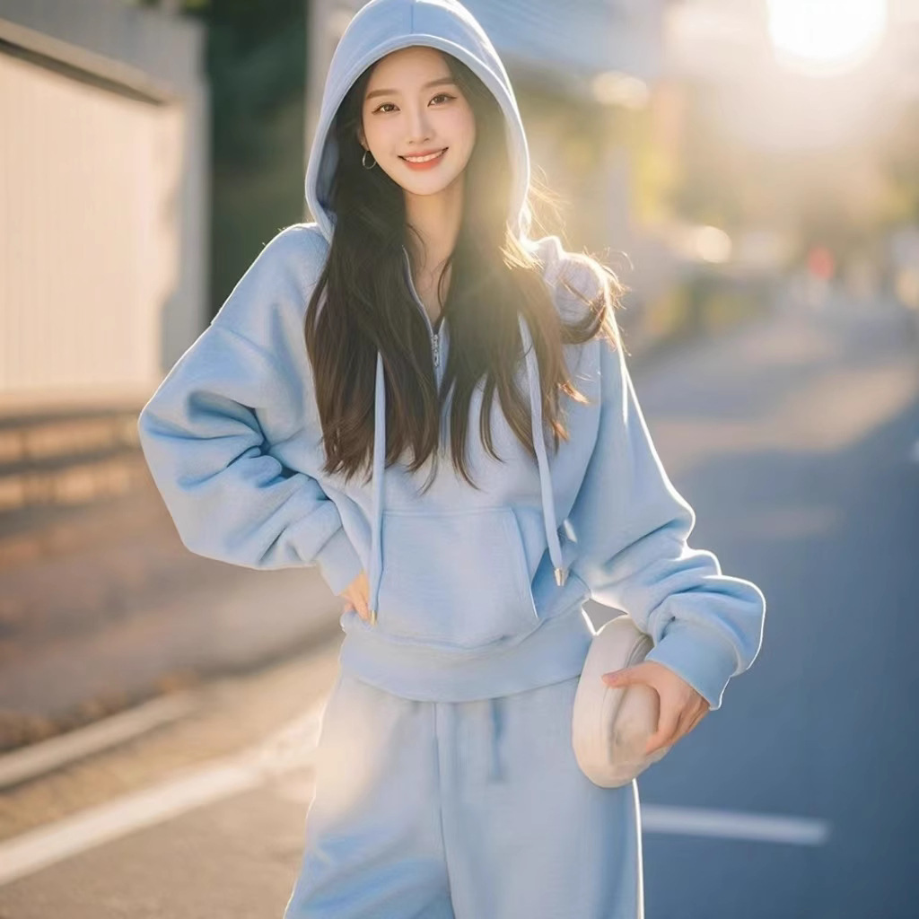 2026 Spring Chanel-Style Complete Ootd Outfit: Thick Sky Blue Hooded Sweatshirt and Wide-Leg Pants Casual Set