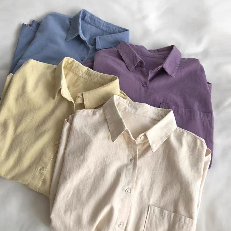 Super Comfortable! White-Enhancing Solid Color Washed Cotton Long-Sleeve Shirt for Women, Versatile Casual Spring Jacket, Loose Top