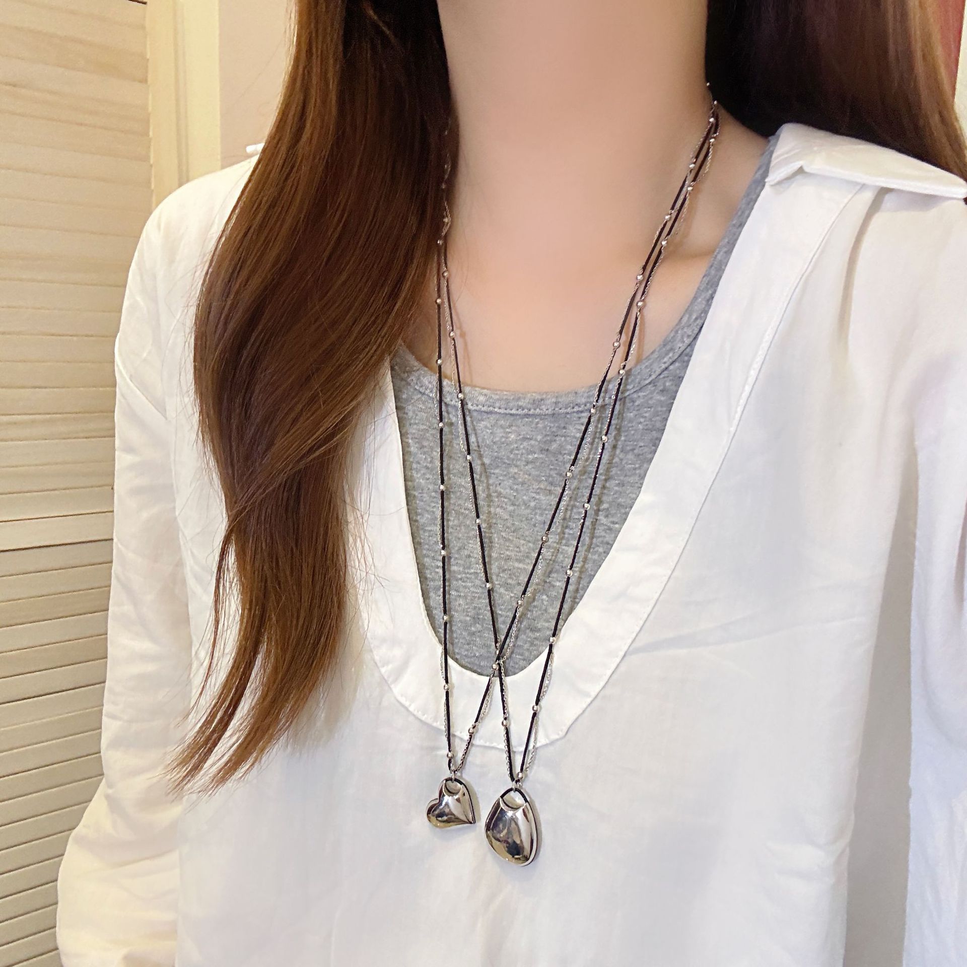 韩国极简双层珠珠水滴毛衣链新款ins风轻奢小众长项链冷淡风项饰