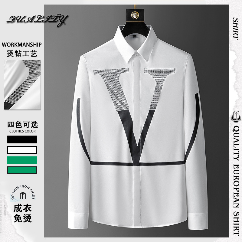 A cross-border European station long sleeve shirt men's trend big V slim shirt non-ironing anti-wrinkle men's shirt A cross-border European station long sleeve shirt men's trend big V slim shirt non-ironing anti-wrinkle men's shirt