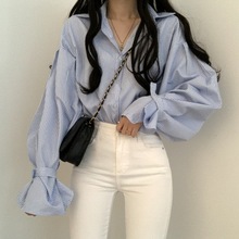 韩国chic法式小众秋装设计感细条纹宽松衬衫女简约内搭长袖上衣潮