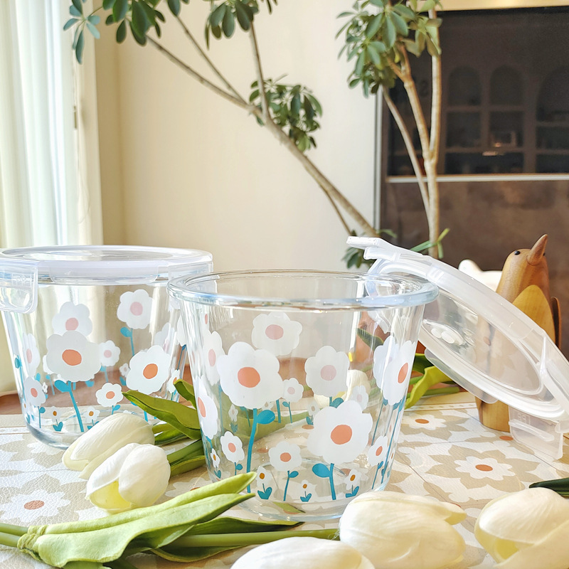 Roasted Flower Glass Preservation Lunch Box Preservation Bowl with Lid Microwave Heating Soup Bowl Large Capacity Sealed Lunch Box Lunch Box