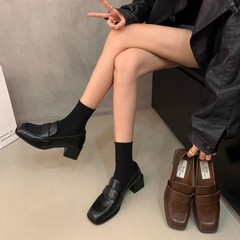 英伦复古风单鞋jk小皮鞋粗跟乐福鞋秋夏新款一脚蹬女鞋黑色鞋子