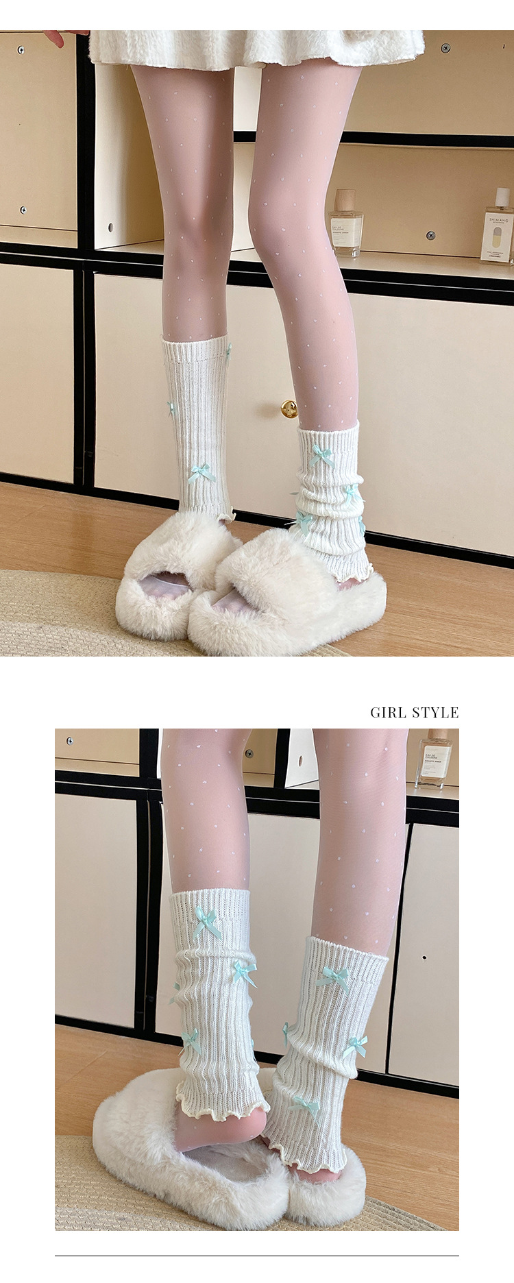 Scaldamuscoli Calzini in cotone per donna Calzini in pile lavorato a maglia Primavera e autunno Leggings bianchi autunnali e invernali con fiocco a tubo medio_voghion.com