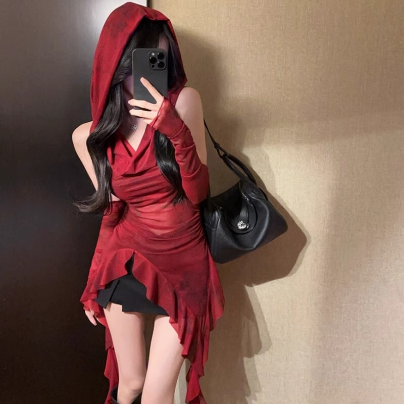 New Style Pure Lust Hot Girl Sexy Red Hooded Collar Slim Mesh Lotus Leaf Asymmetrical Bottoming Sleeve Top for Women