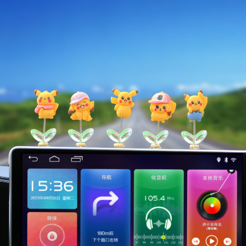 Nuevos adornos de coche de resina Pikachu, adornos de pantalla de navegación de consola central de coche de dibujos animados, adornos de movimiento de cabeza