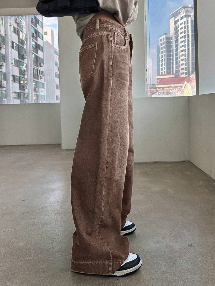 High-Waisted Straight-Leg Coffee-Colored Washed Jeans for Women, Vintage Loose American-Style Gradient Brown Long Pants, Vibe Wide-Leg Pants