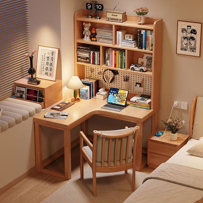 Solid Wood Computer Desk Desktop Home Corner Desk Bookshelf Integrated L-Shaped Home Bedroom Study Table with Hole Board