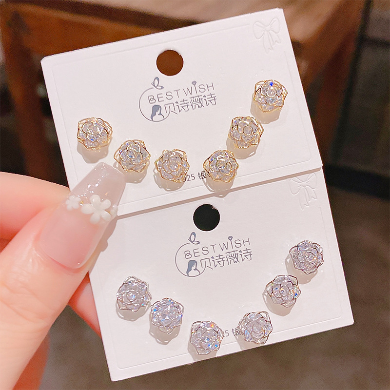 2025新品镂空玫瑰花锆石三对装耳钉 女韩版银针高级感6件套装耳钉