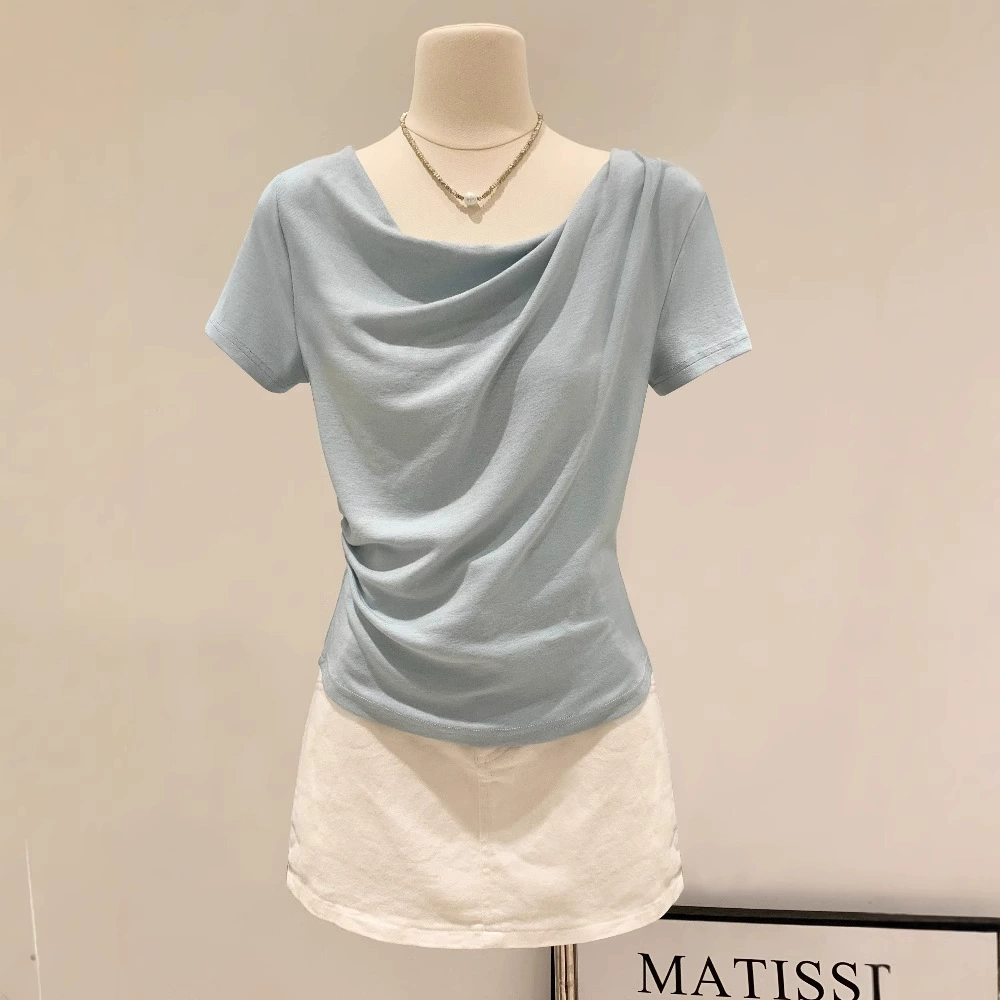 Женская футболка с открытыми плечами и короткими рукавами Dopamine Pure Desire, лето 2025, легкая одежда, плиссированный топ на талии