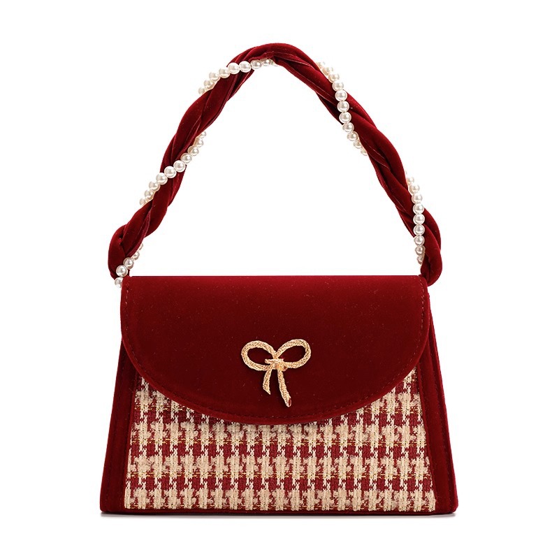 Bolso de Novia de Terciopelo con Diseño de Pata de Gallo, Rojo, de Alta Gama, para Regalo de Boda, Uso Diario, Bandolera, 2025
