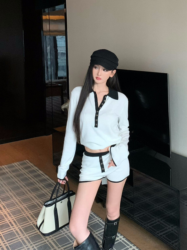 小香风套装女半开领长袖针织上衣韩系设计感辣妹绑带撞色修身短裤|undefined