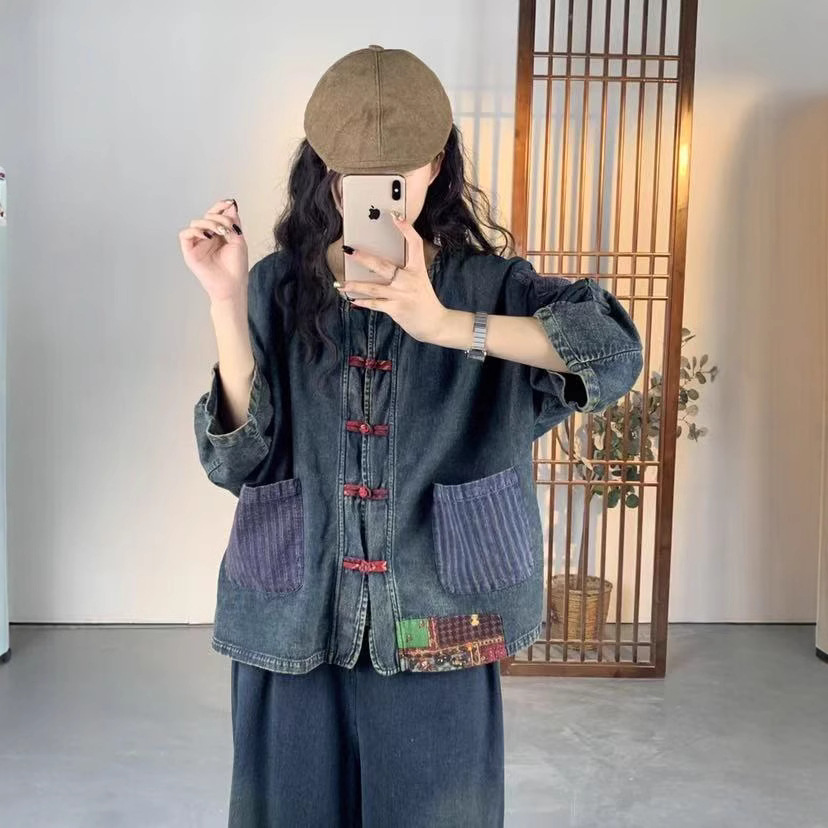 复古做旧贴布中式盘扣牛仔外套女春季新款宽松显瘦上衣衬衫
