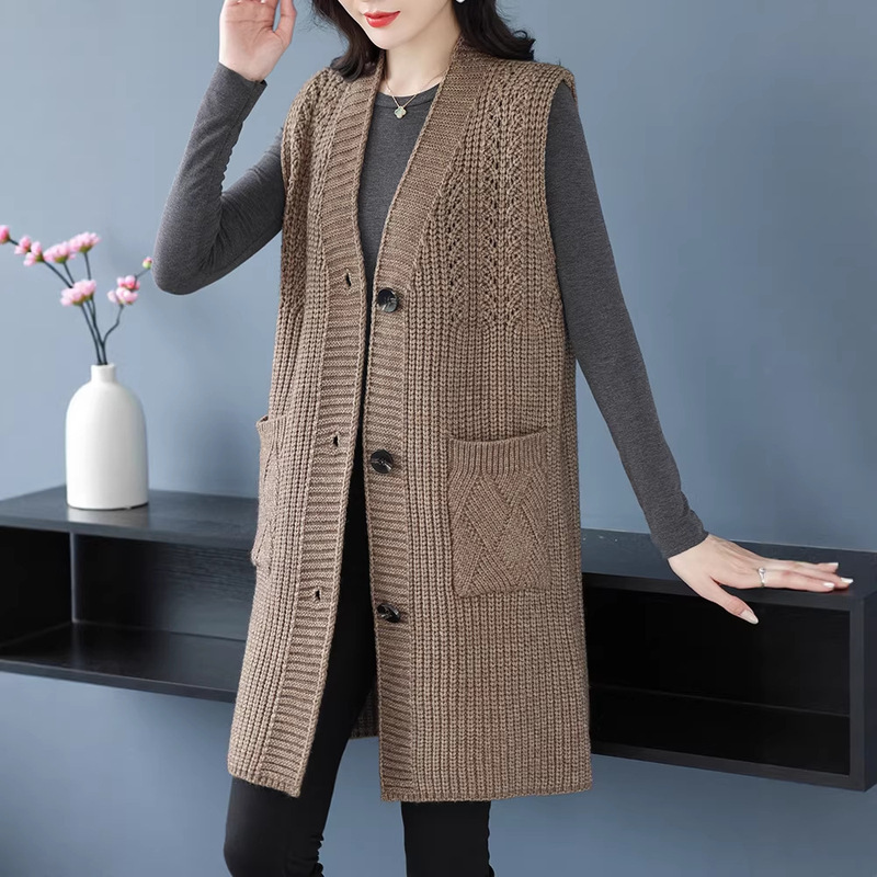 2026 Autumn and Winter Korean Style Simple New Loose Plus-Size Lazy Style Knitted Cardigan Vest for Women Casual Mid-Length V
