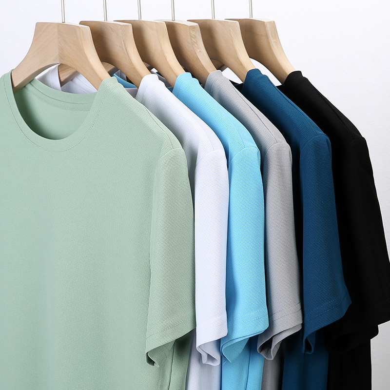 New Waffle Knit Short-Sleeve T-Shirt for Men, Summer Casual Solid Color Crew Neck Loose Knit Regular Shoulder Half-Sleeve Men's Top