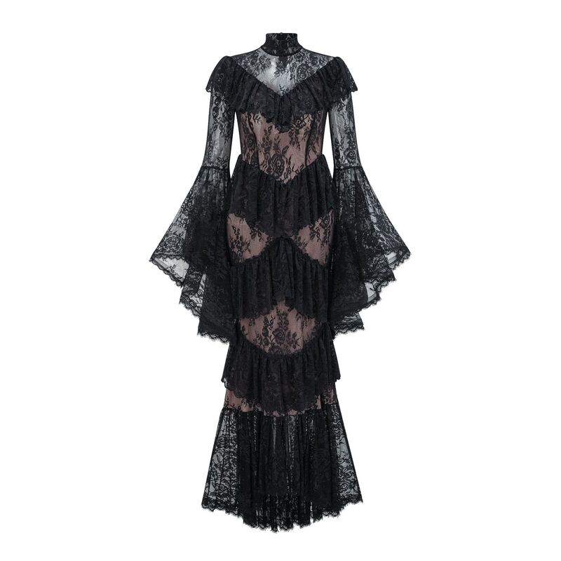 Cross-border Niche Elegant Lace Embroidery Stitching Horn Sleeve Long dress Evening Dress Women's High-end Sense