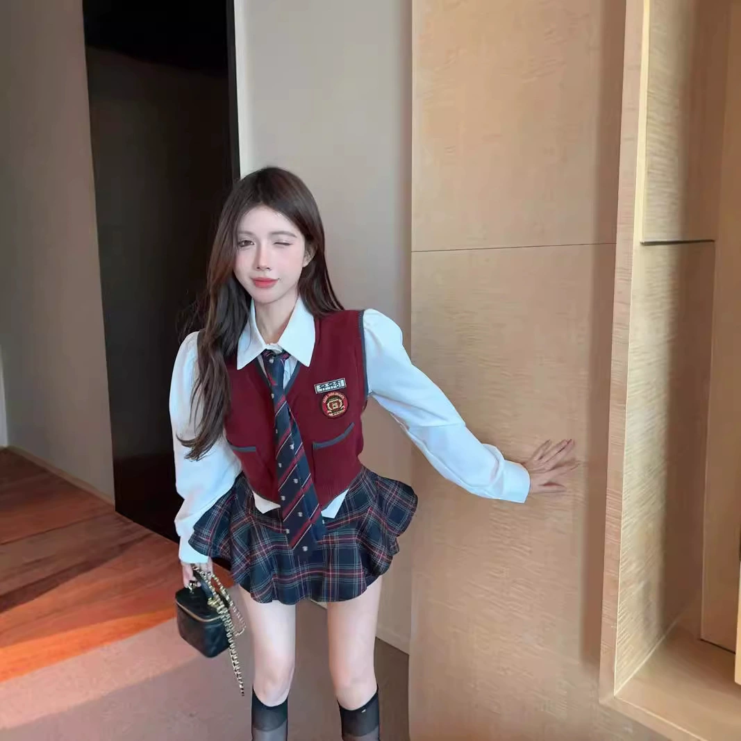 Японский школьный стиль jk осенний и зимний набор рубашка жилет с высокой талией в клетку юбка бюст сладкая горячая девушка набор из трех частей
