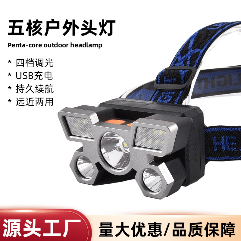 Linterna Frontal LED de Alta Potencia, Modelo Nuevo, Recargable por USB, con Cinco Luces, para Minería, Actividades al Aire Libre, Súper Brillante