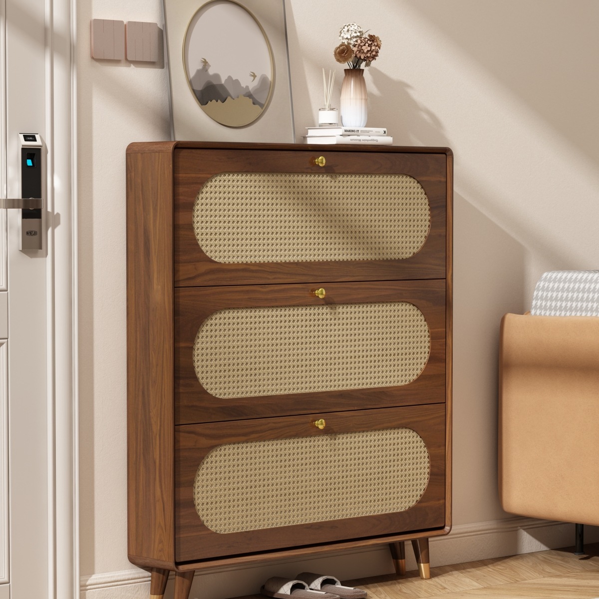 Rattan Shoe Cabinet with Solid Wood Frame for Home Entrance, Vintage-Style Flip Cabinet for Small Spaces Storage J&