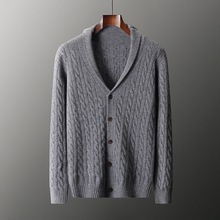 正品纯山羊绒开衫秋冬新款青果领扭花针织毛衣宽松休闲外套加厚男